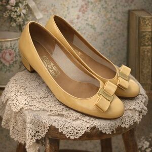 Salvatore Ferragamo Vara Patent Leather, Cream & Taupe Pump Flats